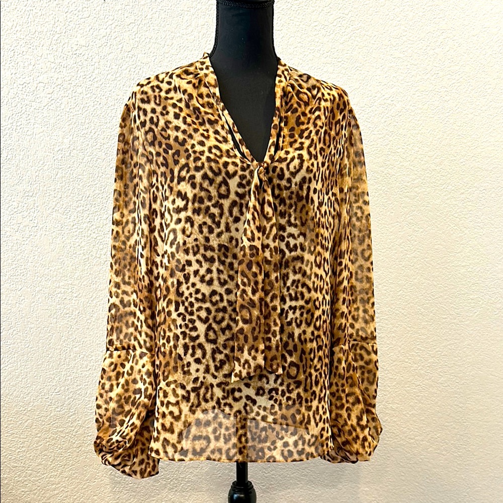 Anne Klein Brown Tan Cuffed Sleeve Blouse and neck tie